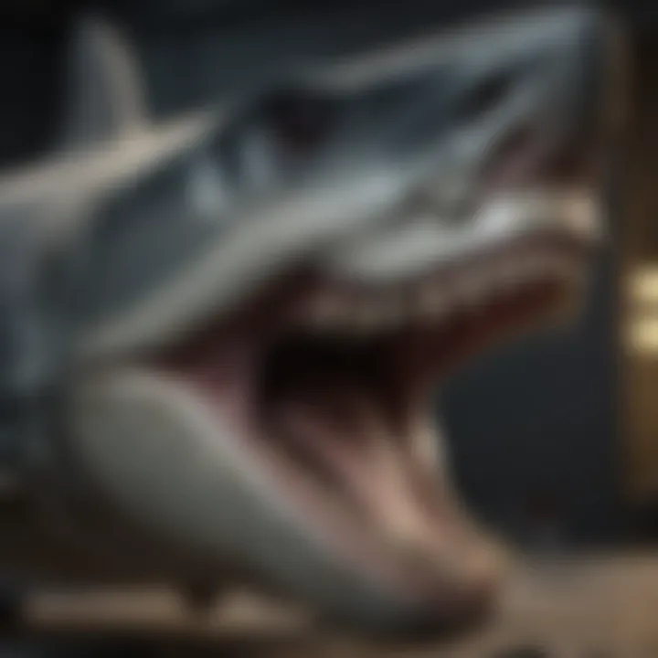 A scientific diagram depicting the jaw structure of the Megalodon, highlighting its formidable teeth and feeding mechanics.