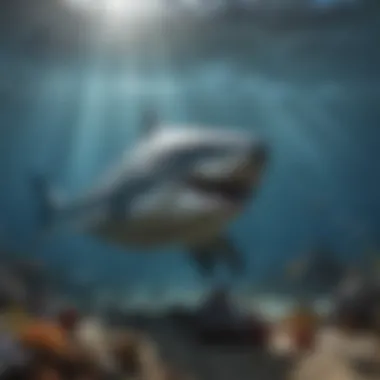 A detailed illustration of the Megalodon in its natural habitat, showcasing its massive size compared to modern sharks.