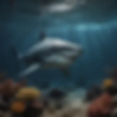 A captivating underwater scene showing a Megalodon silhouette lurking in the depths, evoking the mystery of its potential survival today.