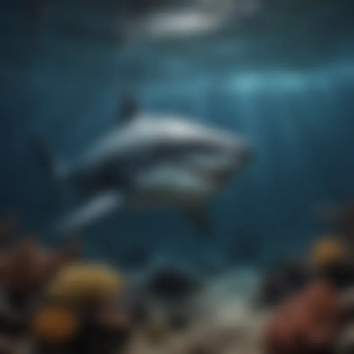 A captivating underwater scene showing a Megalodon silhouette lurking in the depths, evoking the mystery of its potential survival today.