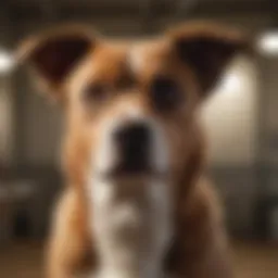 A rescued dog looking hopeful in a shelter.