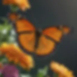 A vibrant monarch butterfly perched on a colorful flower