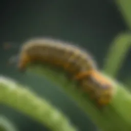 Close-up of a monarch caterpillar on a milkweed plant
