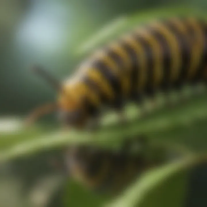 Intriguing perspective of a monarch caterpillar munching on a leaf