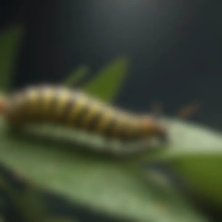 Monarch butterfly caterpillar munching on milkweed leaf