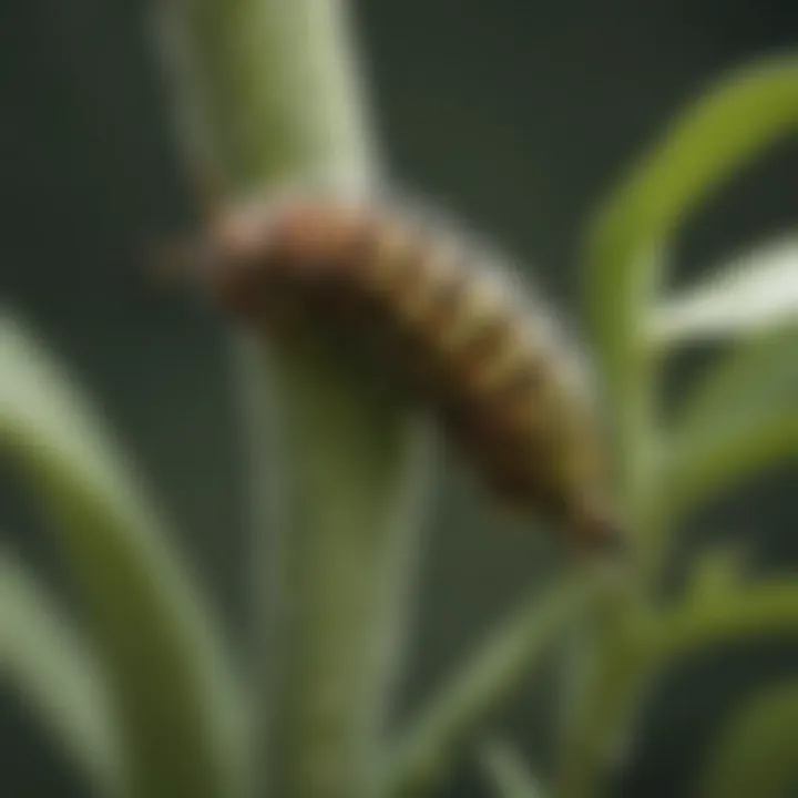 A close-up of a monarch caterpillar on a milkweed plant