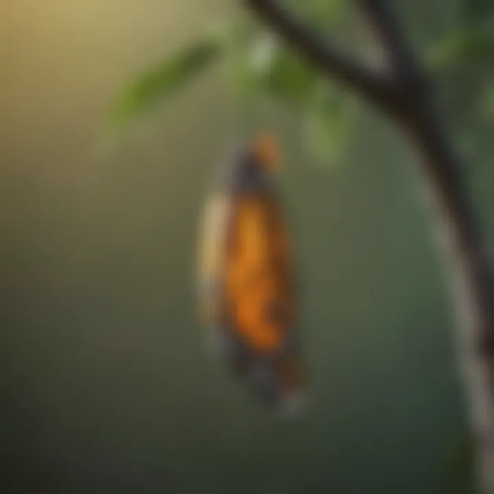 A monarch chrysalis hanging from a branch