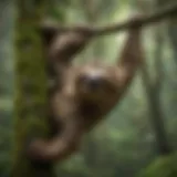 Mossy-throated three-toed sloth clinging to a tree branch in a lush rainforest