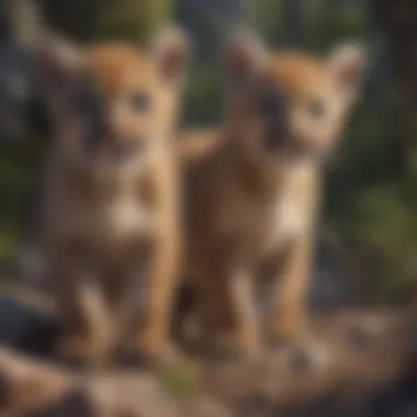 Mountain lion cubs playfully exploring their surroundings