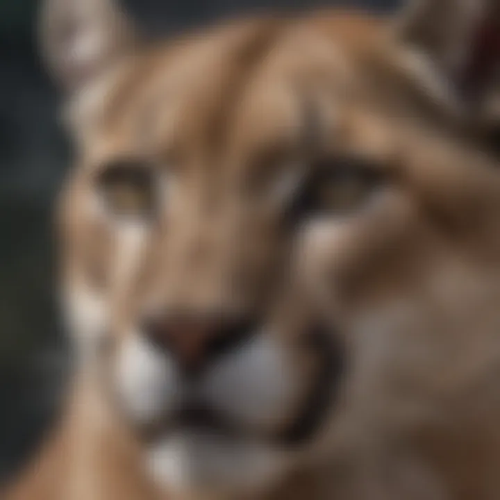 Close-up of the mountain lion's intense gaze and focus