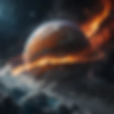 Illustration of a planet shrouded in swirling storms and bands of vibrant colors