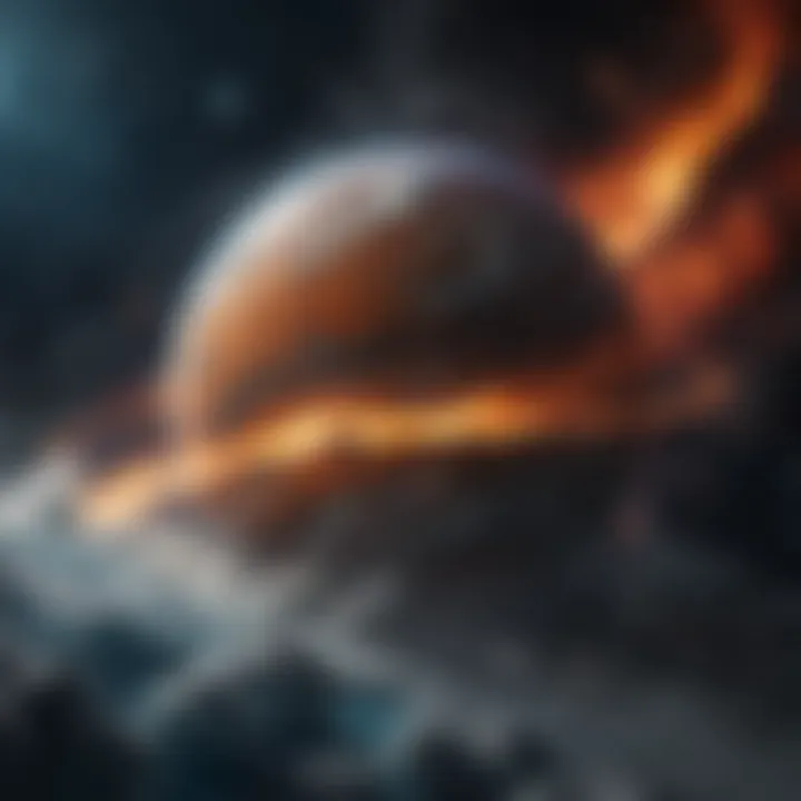 Illustration of a planet shrouded in swirling storms and bands of vibrant colors