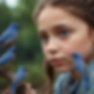 Children observing blue birds in nature