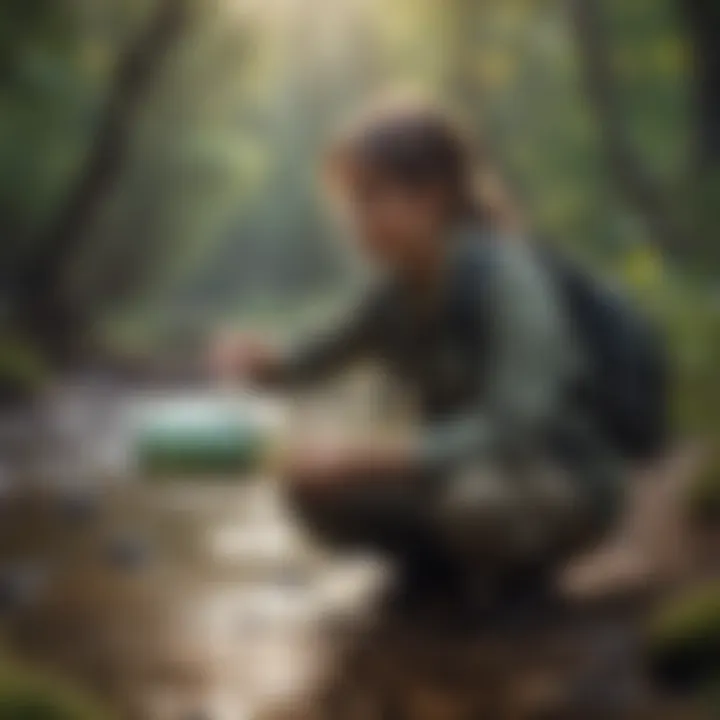 Nature enthusiast drinking clean water from homemade filter