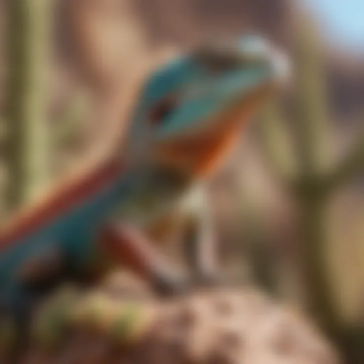 Colorful Desert Spiny Lizard basking in the sun on a cactus