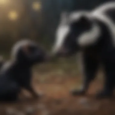 Skunk interacting with other nocturnal creatures