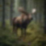 A majestic moose standing in a lush Norwegian forest, surrounded by greenery.