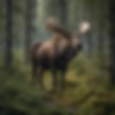 A majestic moose standing in a lush Norwegian forest, surrounded by greenery.