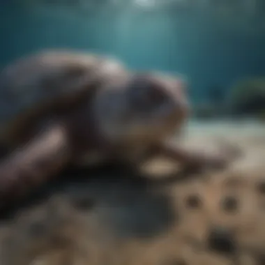 Underwater shot of octopus camouflaged near resting leatherback sea turtle