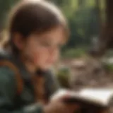 A young child deeply engrossed in a digital book about nature