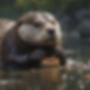 Sea otter cracking open a clam with a rock