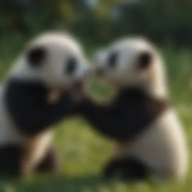 Panda cubs playing together in the grass