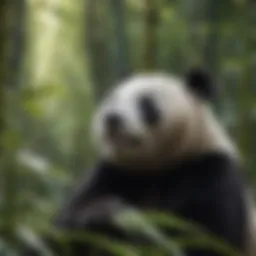 A giant panda in its natural habitat, surrounded by lush bamboo forests.