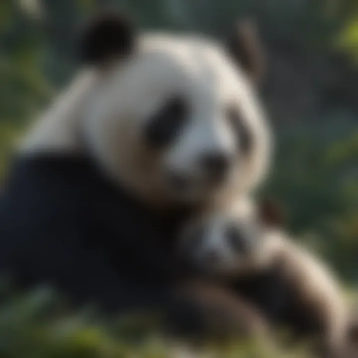A mother panda cuddling her cub, illustrating the nurturing nature of pandas.