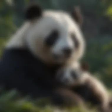 Mother Panda with Her Adorable Cub A mother panda cuddling her cub, illustrating the nurturing nature of pandas.