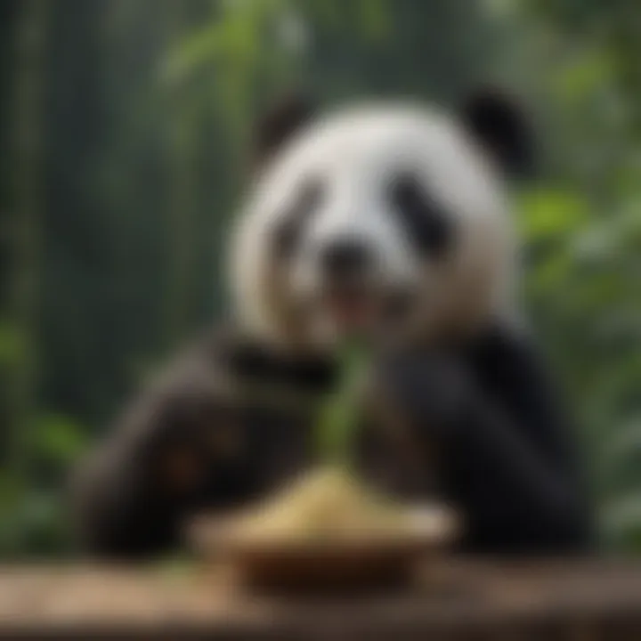 Close-up of a panda eating bamboo, highlighting its unique teeth and eating habits.