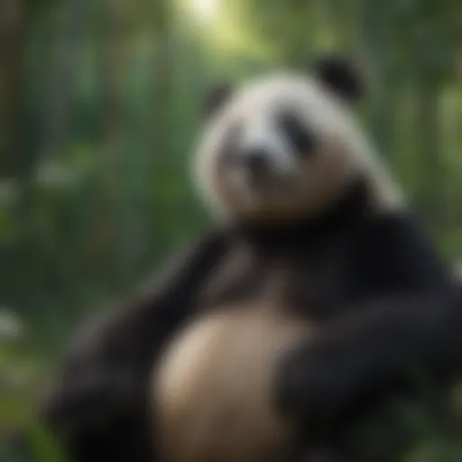 A panda lounging in a bamboo forest, showcasing its playful demeanor.