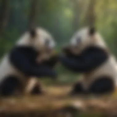 Pandas playing together, capturing their social interactions and playful behavior.