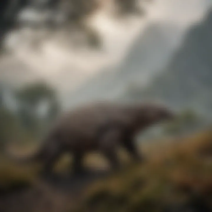 Pangolin Wandering Amidst Misty Mountain Terrain