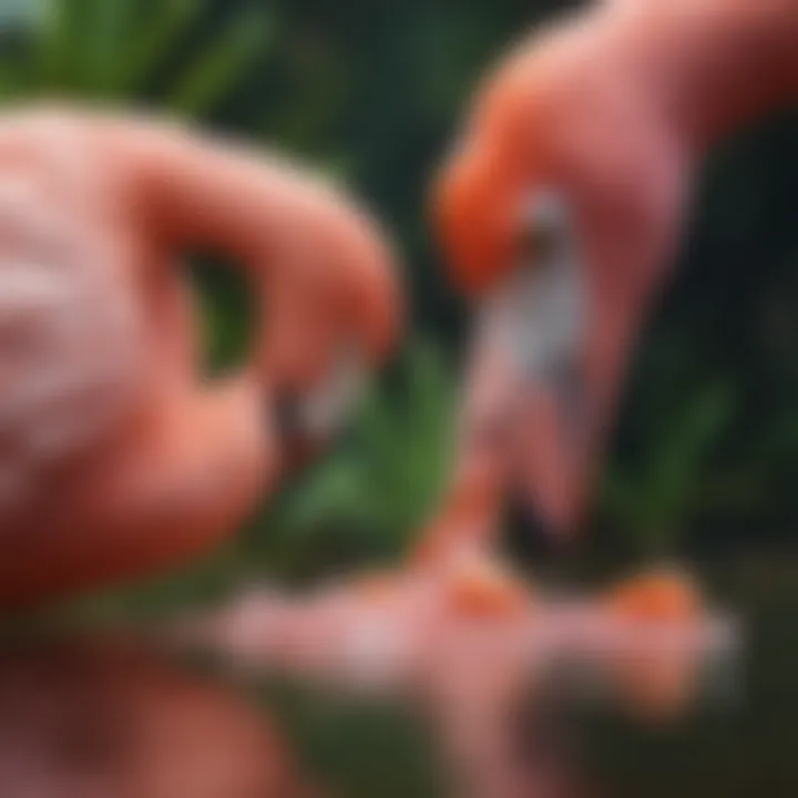 Close-up of a pink flamingo delicately feeding on shrimp in its natural habitat