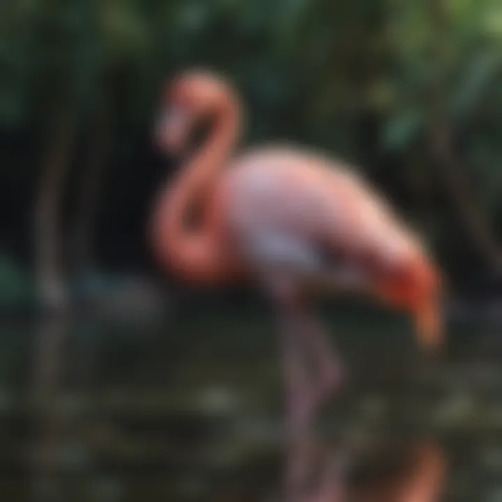 Elegant pink flamingo standing gracefully in shallow water