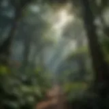 A lush canopy of tropical rainforest showcasing diverse plant life