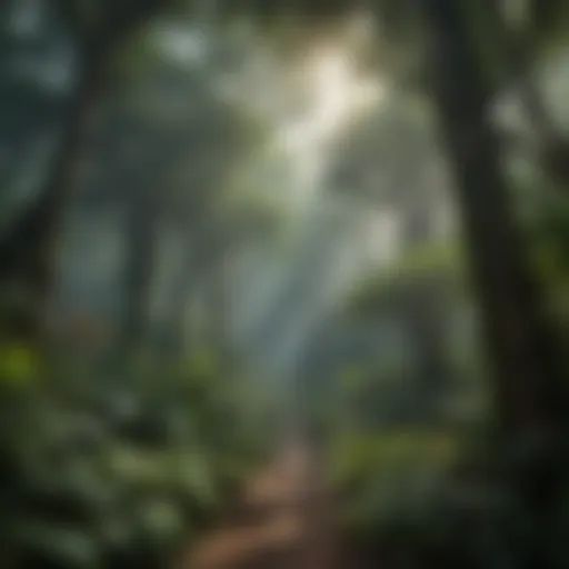 A lush canopy of tropical rainforest showcasing diverse plant life