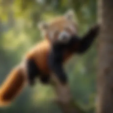 Playful Indian Red Panda climbing a tree