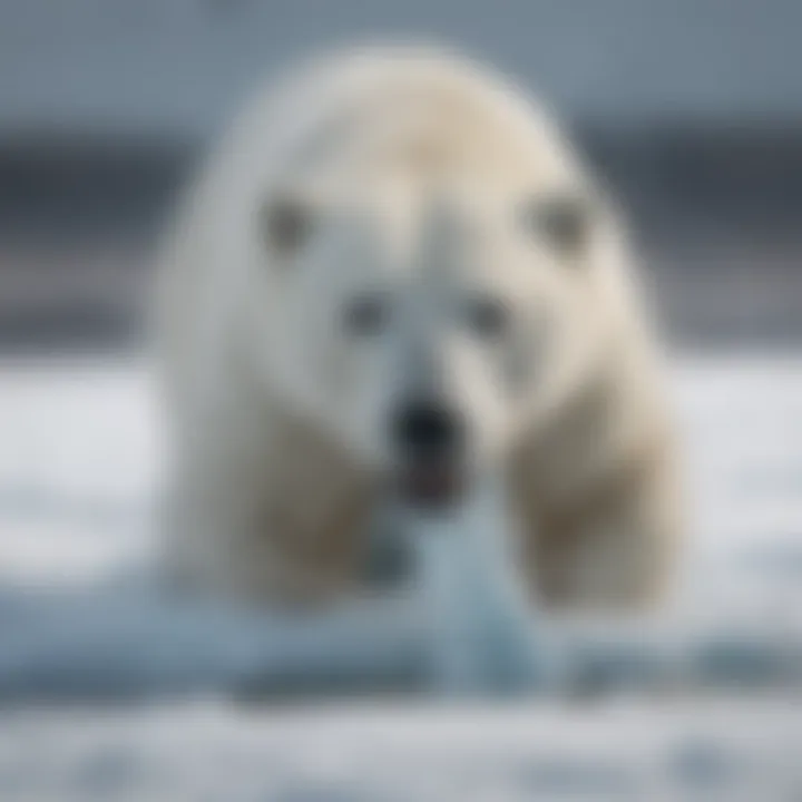 Polar bear pouncing on a seal as it surfaces from a breathing hole