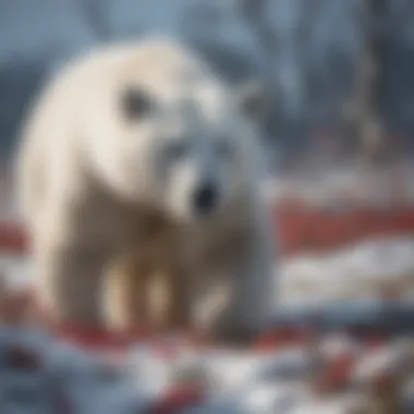 Polar bear scavenging for berries in the snowy landscape