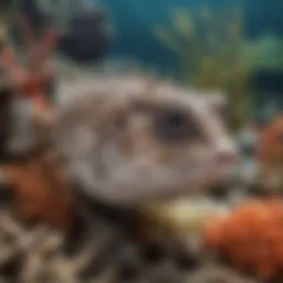 Porcupine fish swimming in coral reefs