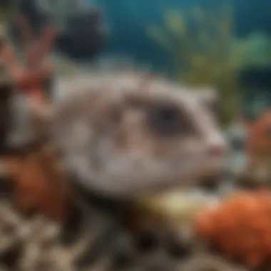 Porcupine fish swimming in coral reefs
