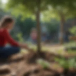 Children planting trees in a community garden