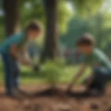 A group of children planting trees in a vibrant green park