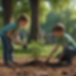 A group of children planting trees in a vibrant green park