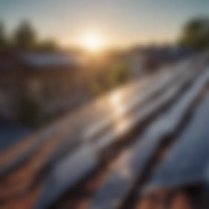An illustration of a solar panel on a roof with sun rays shining