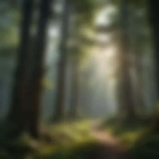 Lush green forest canopy with sunlight filtering through