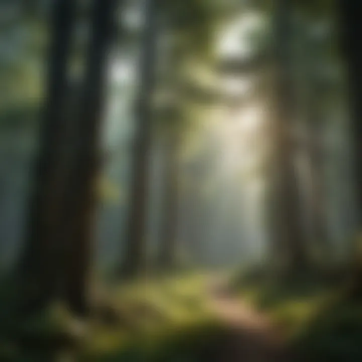 Lush green forest canopy with sunlight filtering through