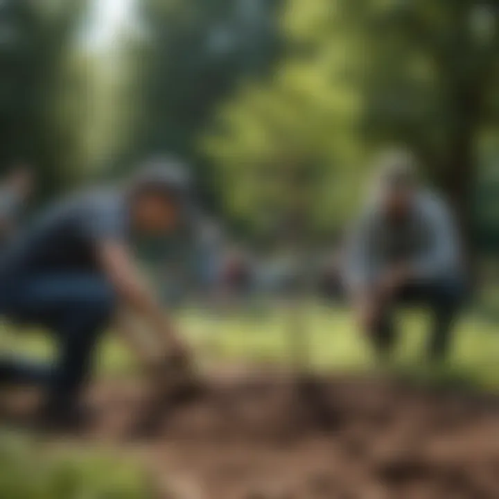 Diverse group of individuals planting trees in a community garden