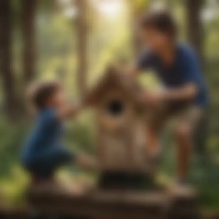 Kids building a birdhouse together in a backyard